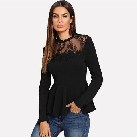 Long Sleeve Contrast Lace Peplum Top - Toplen