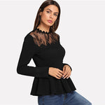 Long Sleeve Contrast Lace Peplum Top - Toplen