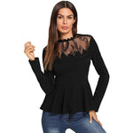 Long Sleeve Contrast Lace Peplum Top - Toplen