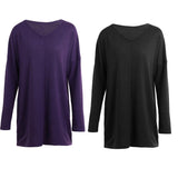 Women Long Sleeves Casual V-Neck Loose Solid Top - Toplen