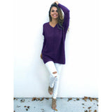 Women Long Sleeves Casual V-Neck Loose Solid Top - Toplen