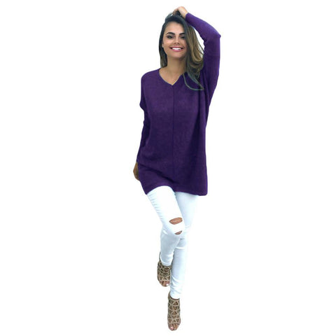 Women Long Sleeves Casual V-Neck Loose Solid Top - Toplen