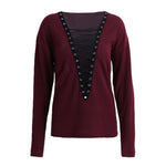 Women Lace Up T-Shirt Deep V-Neck Hollow Out Top Long Sleeve - Toplen