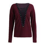 Women Lace Up T-Shirt Deep V-Neck Hollow Out Top Long Sleeve - Toplen