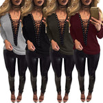 Women Lace Up T-Shirt Deep V-Neck Hollow Out Top Long Sleeve - Toplen