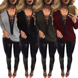 Women Lace Up T-Shirt Deep V-Neck Hollow Out Top Long Sleeve - Toplen