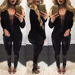 Women Lace Up T-Shirt Deep V-Neck Hollow Out Top Long Sleeve - Toplen