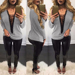 Women Lace Up T-Shirt Deep V-Neck Hollow Out Top Long Sleeve - Toplen