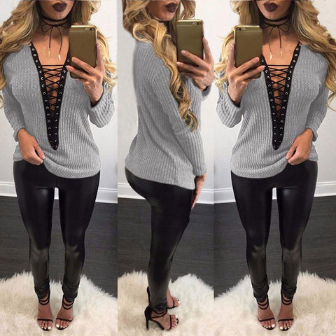 Women Lace Up T-Shirt Deep V-Neck Hollow Out Top Long Sleeve - Toplen