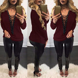 Women Lace Up T-Shirt Deep V-Neck Hollow Out Top Long Sleeve - Toplen