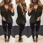 Women Lace Up T-Shirt Deep V-Neck Hollow Out Top Long Sleeve - Toplen