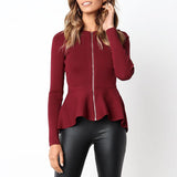 Women peplum hem knitted zipper cardigan Top - Toplen