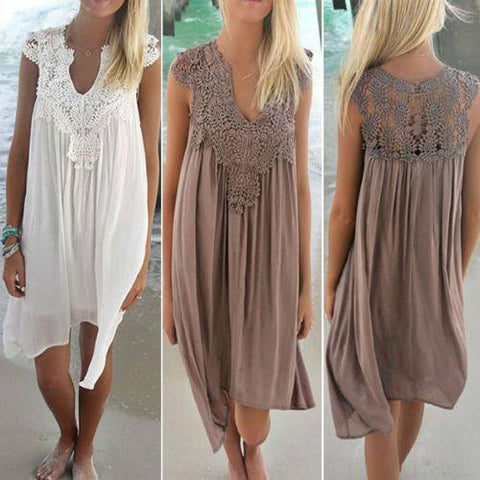 Boho Womens Lace Embroidery Summer Loose Casual Beach Mini Swing Dress - Toplen