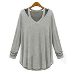 Ladies V Neck Off Shoulder Long Sleeve Loose T Shirt Blouse Tops - Toplen