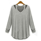 Ladies V Neck Off Shoulder Long Sleeve Loose T Shirt Blouse Tops - Toplen