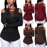 Womens Long Sleeve Off Shoulder Knit T-Shirt Ladies Casual Slim Tops - Toplen