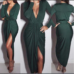 Women Plain Long Sleeve Deep V Plunge Neck Ruched Front Split Midi Dress - Toplen