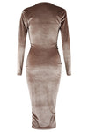 Ladies Crushed Velvet Cowl Neck Long Front Ruched Midi Dress - Toplen