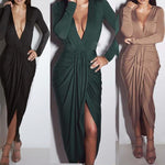 Women Plain Long Sleeve Deep V Plunge Neck Ruched Front Split Midi Dress - Toplen