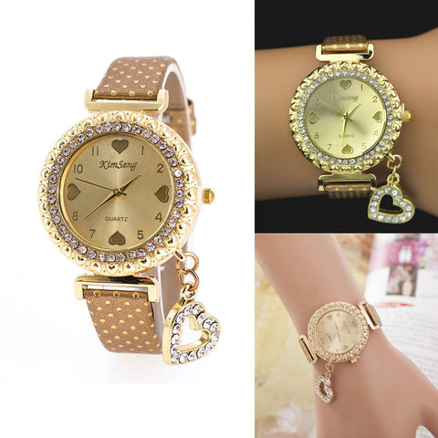 Women Girl Bling Crystal Dial Quartz Analog Leather Bracelet Wrist Watche - Toplen