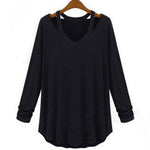 Ladies V Neck Off Shoulder Long Sleeve Loose T Shirt Blouse Tops - Toplen